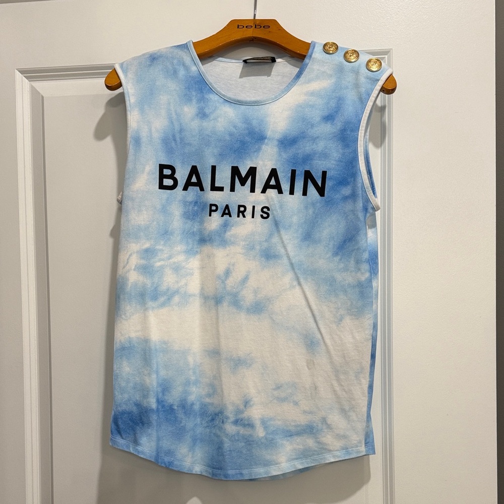 Balmain Blue and White Tie-Dye Muscle Tee